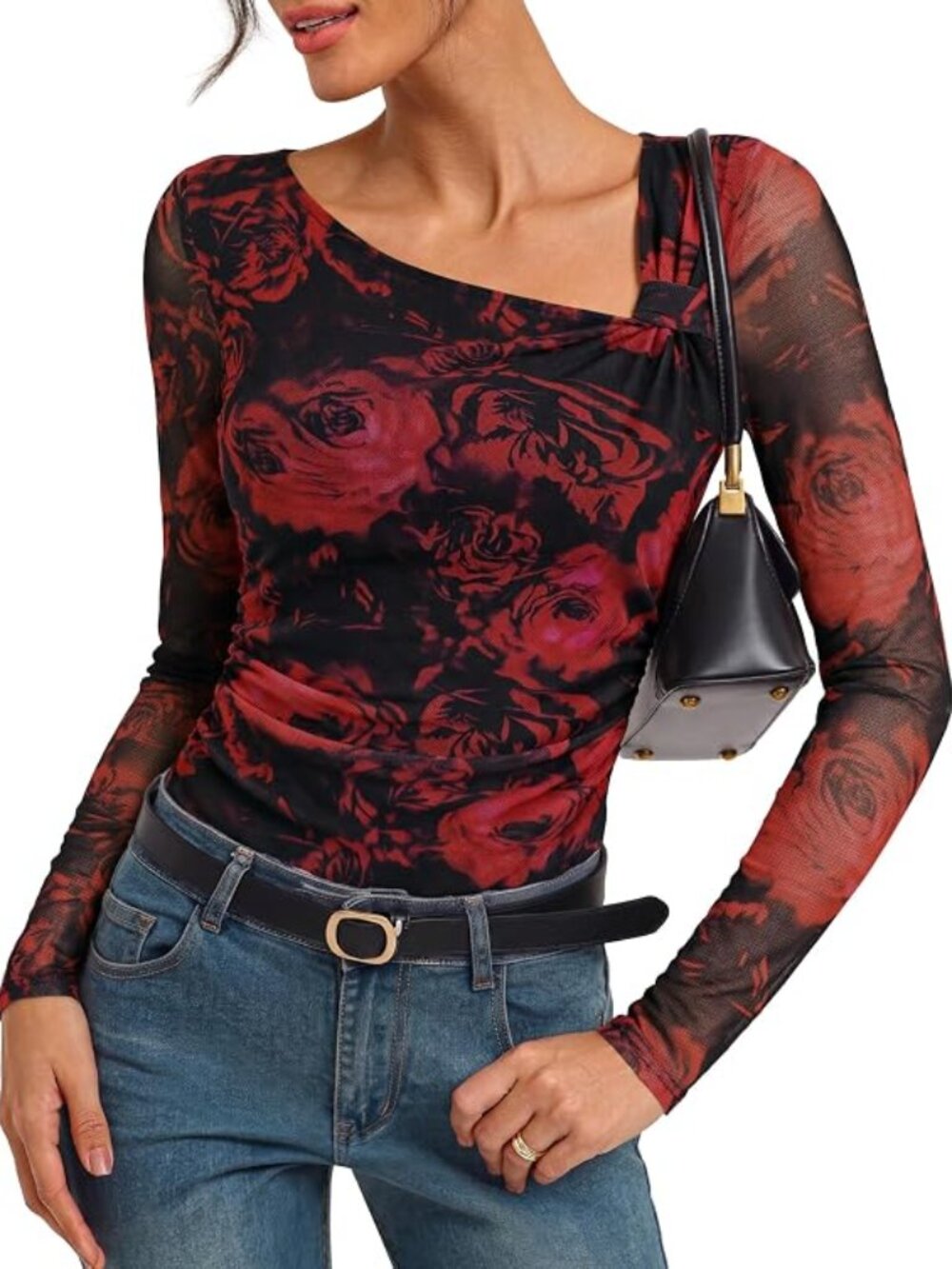 GRACE KARIN Red Black Mesh Floral Top Long Sleeve Size Large